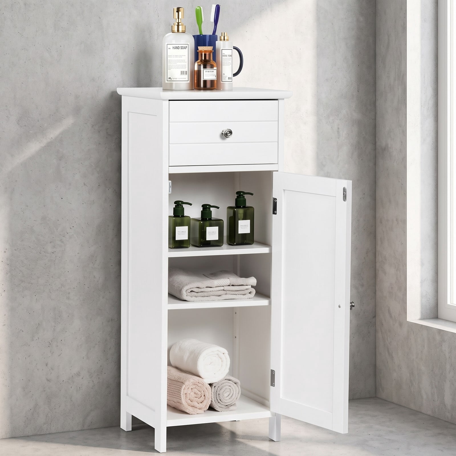 ALPULON Wooden Bathroom Floor Storage Cabinet with Drawer and Adjustable Shelf, Freestanding MDF Side Organizer for Bathroom Entryway Living Room, White