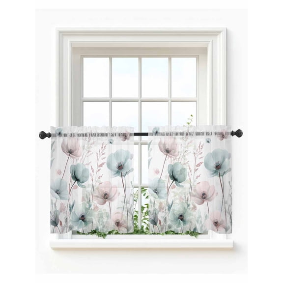 Teal Pink Spring Floral Tier Curtains 36 Inch Length,Sheer Curtains for Bedroom Living Room Window Summer Botanical Watercolor Rod Pocket Drapes Kitchen Curtains Small Half Window 27.5"x36" 2 Panels