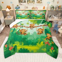 Homewish Zoo Animal Monkey Queen Comforter Set,Tropical Monstera Leaf Plam Bedding Sets,Green Brown Bedding Comforter Set For Boys Teens，Luxury Bedroom Decor,3pcs