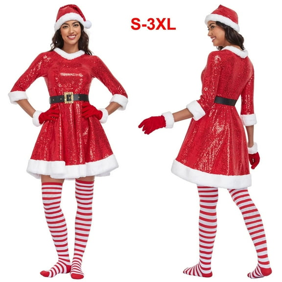 5PCS Mrs Claus Costume for Women Adult Miss Clause Santa Dress Plus Size Christmas Outfit Hat Gloves Belt Stockings -3XL