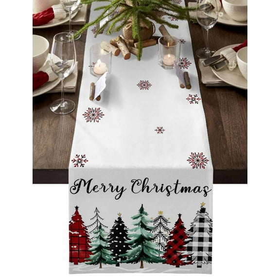 Christmas Tree Cotton Linen Table Runner for Dining Kitchen, Xmas Trees Winter Snowflake Wedding Outdoor Party Tablerunners Decoration, Dresser Scarf Coffee Tablecloth Runners 13x60 Inches