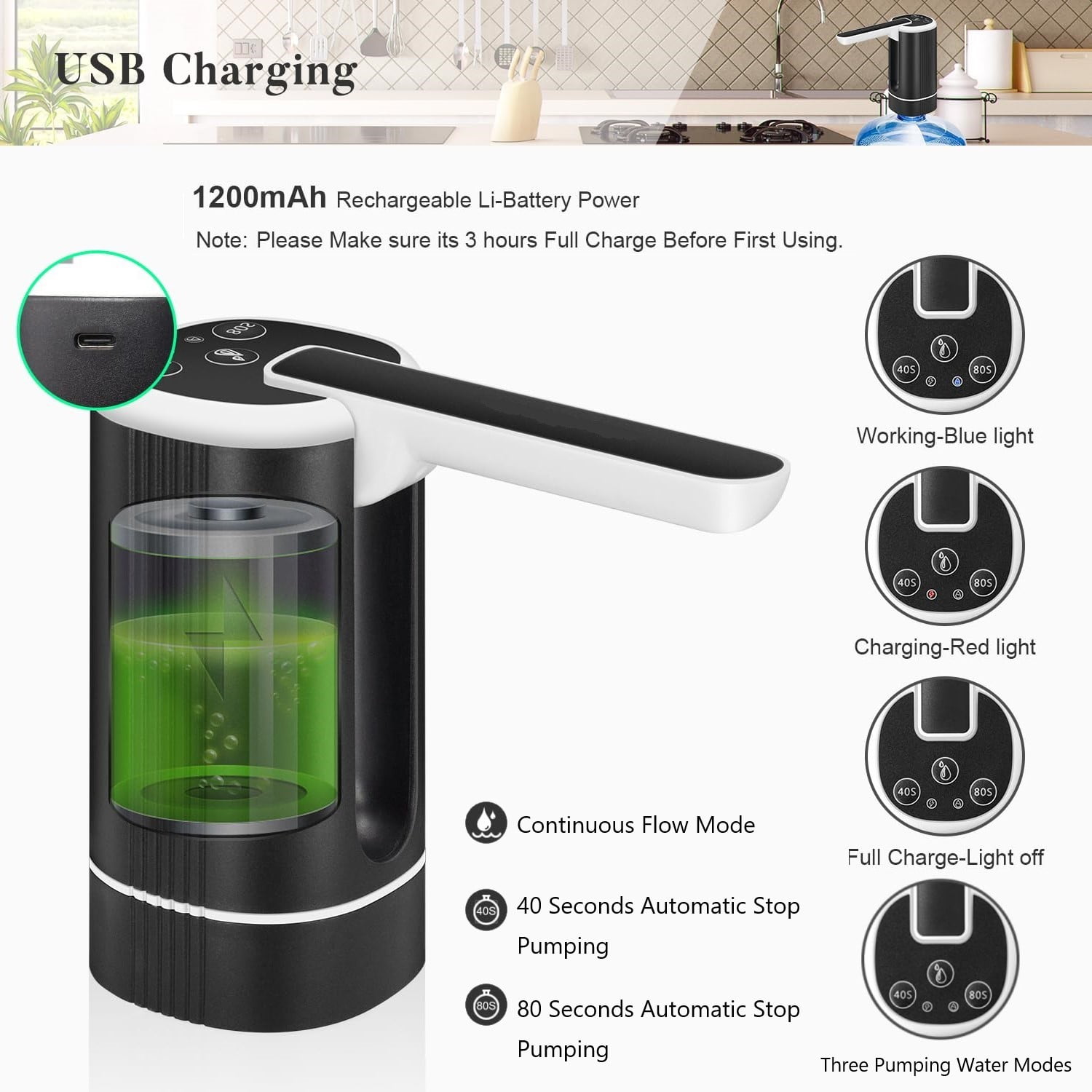 Uncahome Water Dispenser for 5 Gallon Bottle, Rechargeable Portable Electric Water Bottle Pump, Foldable Automatic Water Jug Pump for for Home, Office & Camping (Black)