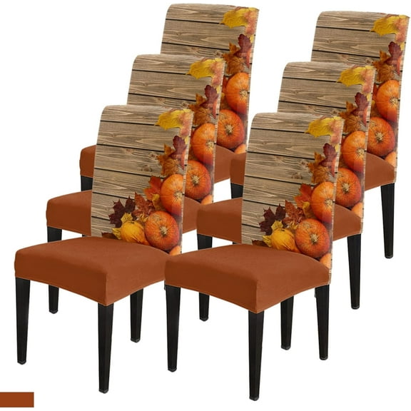 muroi Thanksgiving Dining Chair Slipcover, Autumn Orange Pumpkin Maple Leaves Rustic Old Wooden Brown Stretch Covers Removable Parsons Protector for Kitchen Room Party, Set of 6