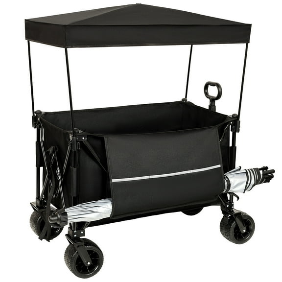 Collapsible Foldable Extended Wagon with canopy,480lbs Weight Capacity, Heavy Duty Folding Utility Garden Cart with Big All-Terrain Beach Wheels & Drink Holders,Side Pocket and Brakes ,mosquito net