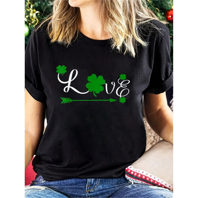 T-shirt de la Saint-Patrick - Atmosphère Amusante et Festive, T-shirt Noir avec Imprimé Trèfle Vert, Col Rond Décontracté, Manches Courtes, Lavable en Machine, Vêtements de Vacances - T-shirt à Manches Courtes - Non Doublé, T pour Femmes