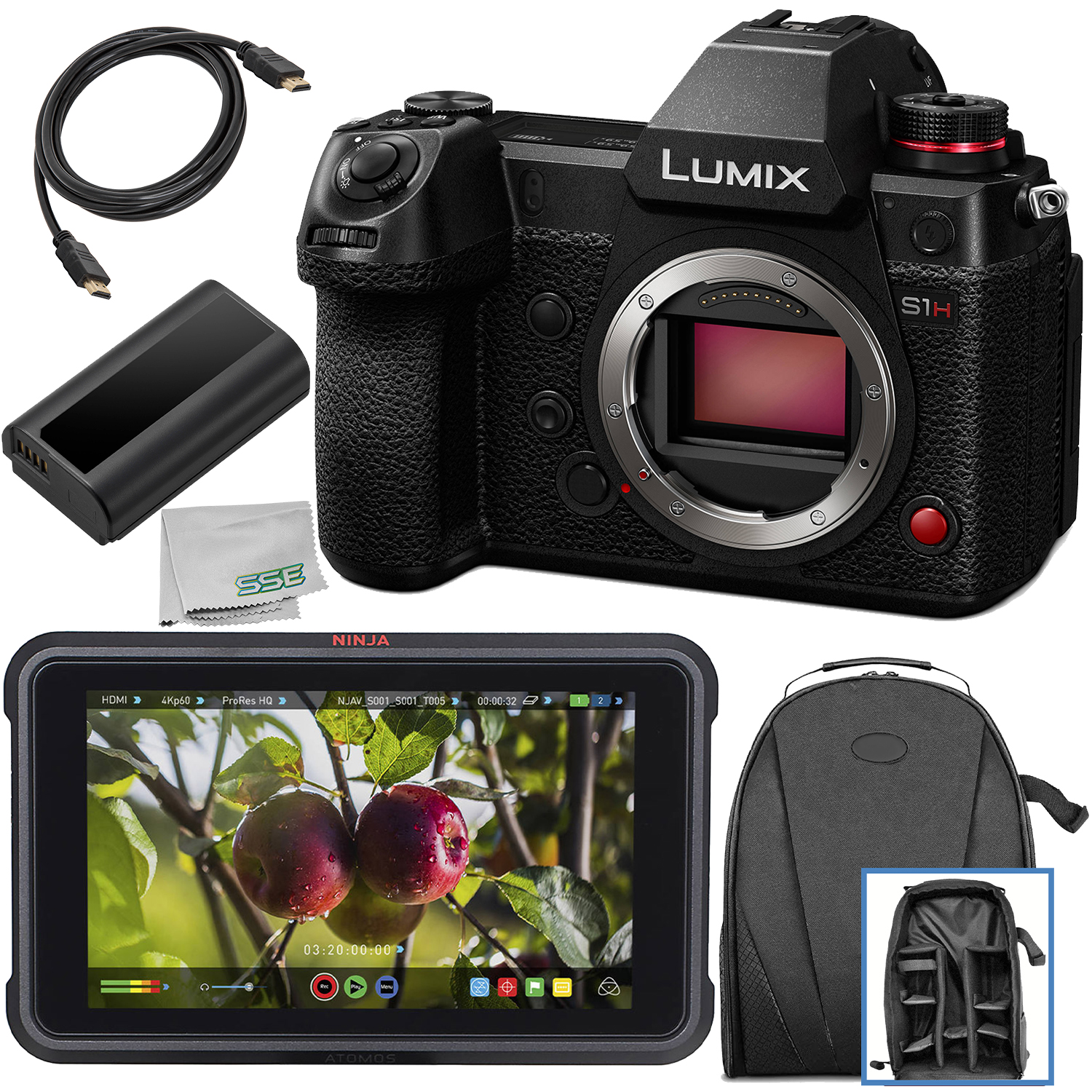Panasonic Lumix DC-S1H Mirrorless Digital Camera (Body Only) with Atomos Ninja V 5" 4K HDMI Recording Monitor & Essential Bundle - Includes: Water Resistant Backpack, 1x Replacement Battery & More - image 1 of 7