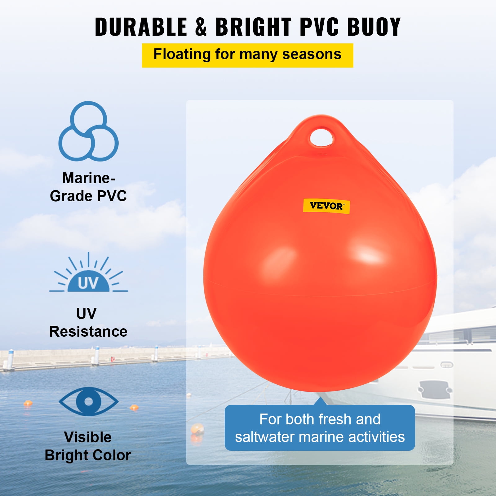 VEVOR Boat Buoy Ball, 27in Diameter Inflatable Heavy-Duty Marine-Grade  Vinyl Marker Buoy, Round Boat Mooring Buoy, Anchoring, Rafting, Marking,  Fishing, Orange 