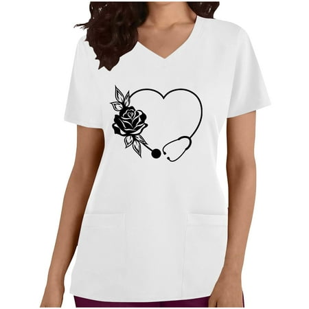 

Women s Casual Loose Scrub_Tops Summer Tunic Lady Work Blouses Woman V Neck Nurse Uniform with Pockets T Shirt Vintage Short Sleeve Western Shirts Stethoscope Graphic Pattern Tees White XL