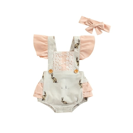 

Bebiullo 2PC Newborn Baby Girls Easter Clothes Fly Sleeve Rabbit Printed Jumpsuit Romper Playsuit Headband Outfits 0-6 Months
