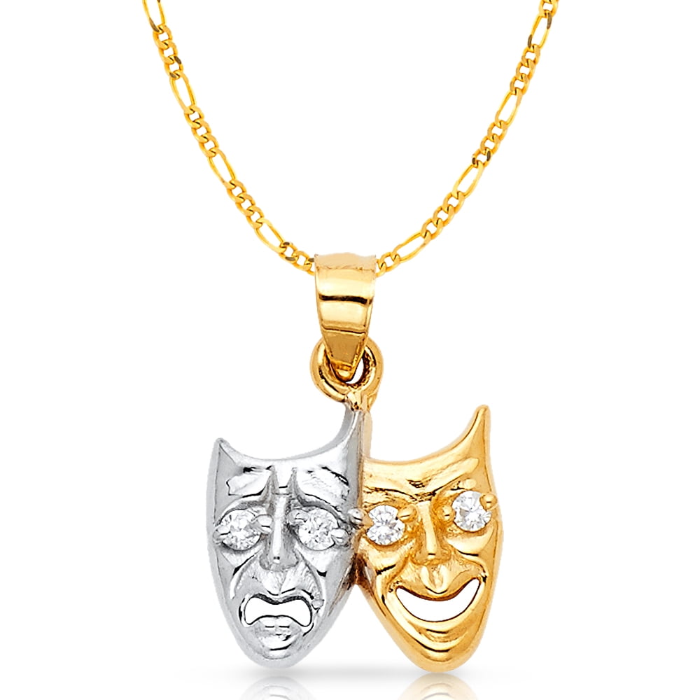 14K Two Tone Gold Two Face Happy and Sad Charm Pendant with 2mm Figaro 3+1 Chain Necklace