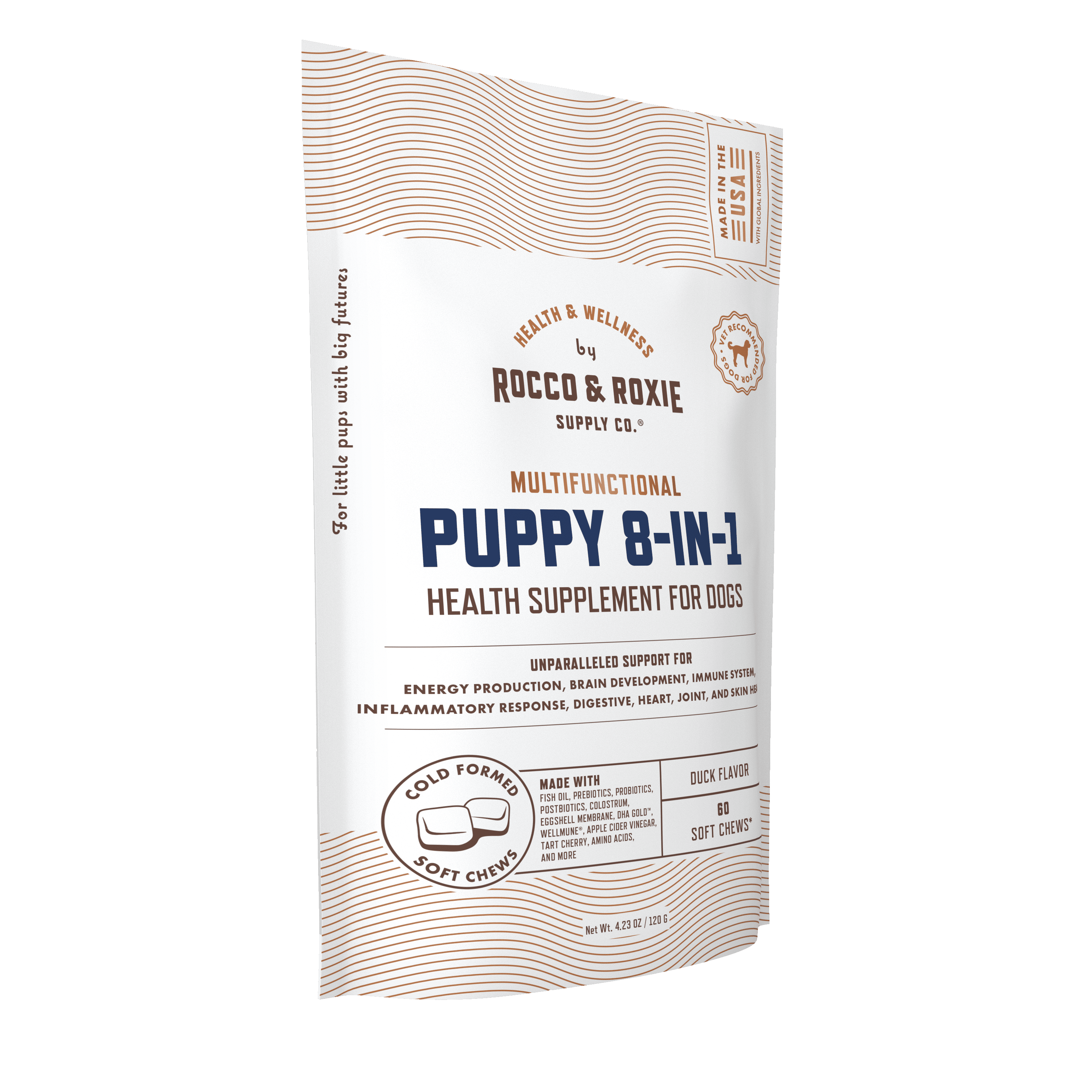 Rocco & Roxie Multifunctional Puppy 8-in-1 Supplement, Multivitamin Soft Chews Duck Flavor, 60 Count