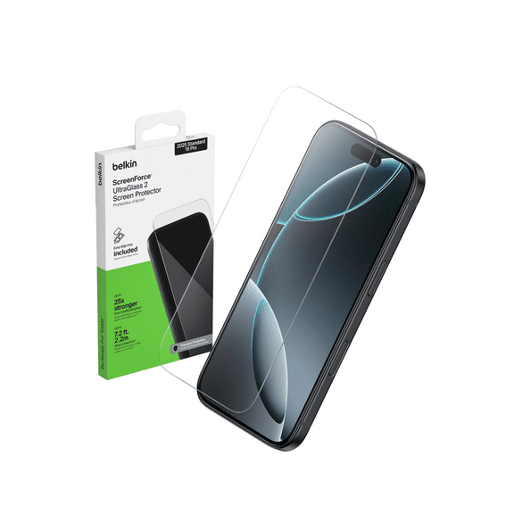Belkin ScreenForce UltraGlass 2 Screen Protector for iPhone 17, Scratch-Resistant Impact Protection w/ Included Easy Align Tray for Bubble Free Application, Recycled Glass