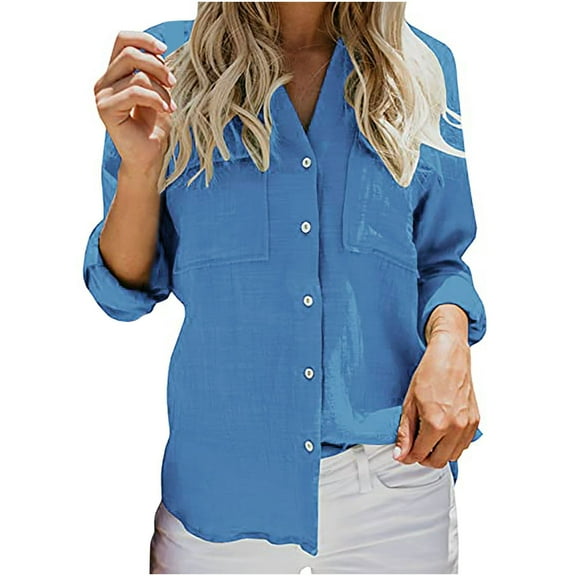 IROINNID Reduced Womens Long Sleeve V-Neck Shirts Solid Color Button Down Shirts Loose Blouse Lounge Work Tunic Tops With Pockets,Blue