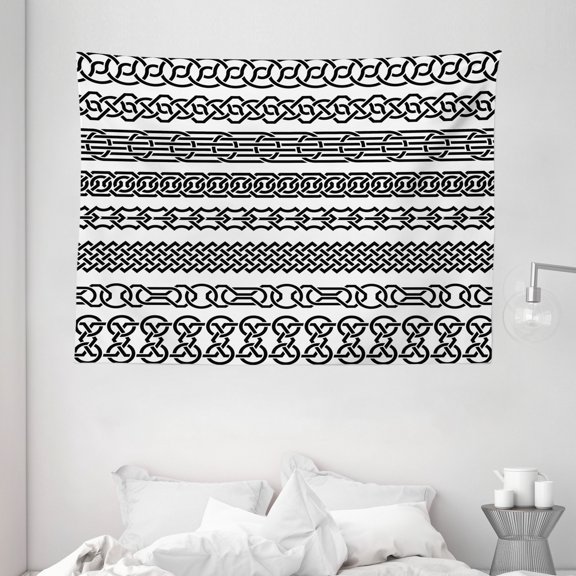 Irish Tapestry, Vintage Borders in the Form of Celtic Classical Ornaments Horizontal Striped Pattern, Wall Hanging for Bedroom Living Room Dorm Decor, 80W X 60L Inches, Black White, by Ambesonne