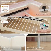 Twin Size Upholstered Bed with Storage Drawer and LED Light,Twin Bed Frame with Safety Guardrails and Chic Wavy Headboard,Velvet Princess Bed with Charging Station,Heavy Duty Metal Support,Beige