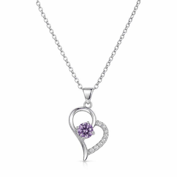 Kuber Kart - Elegant Heart Pendant Necklace with Purple Floral Center Accent, Link Chain and Pavé Style Detailing, Fashion Jewelry Accessory for Women