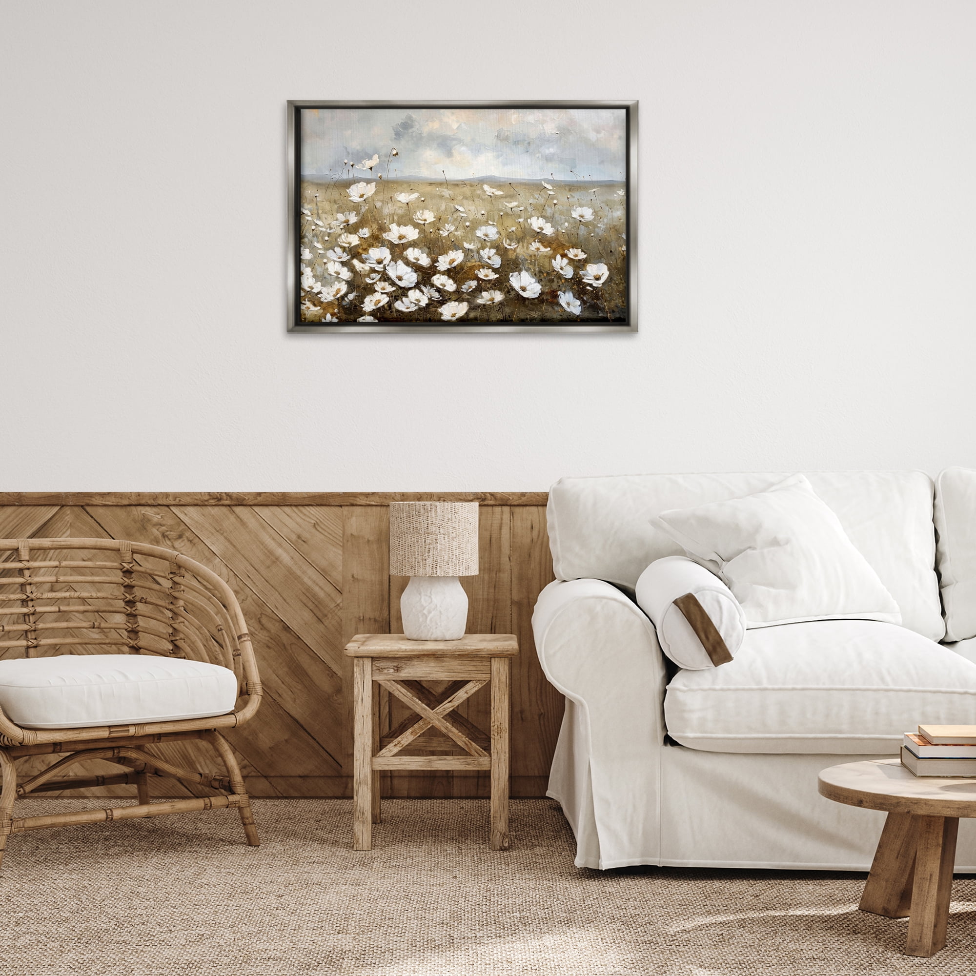 Stupell Industries Prairie Wildflower Field Landscape Painting Gray Floater Framed Canvas Art Print Wall Art, 31 x 21
