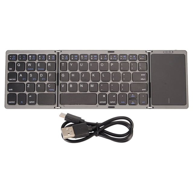 Teclado inalámbrico de 3 pliegues con panel táctil, teclado plegable para tableta, PC, teléfono inteligente, batería integrada B089T, gris y negro