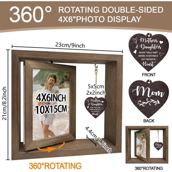 1Pc Double Sided Rotating Picture Frame for Mom from Daughter Never Turely Part Wood Photo Frame with Heart Charms Memorial Gift for Mother's Day Birthday Fits 4x6inch(10x15cm) in Photo