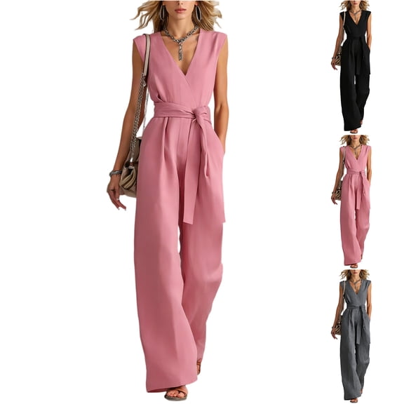 Women's V Neck Wide Leg Sleeveless Long Jumpsuit with Belt Elegant Romper - Black L