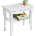 thumbnail image 3 of Bamboo Shower Bench - Small White Shower Stool with Storage Shelf, Non-Slip Bathroom Seat, Spa Decor Bath Bench, Foot Rest Shaving Stool for Shower, Indoor Outdoor Use, Great Gift Idea (17x 9x17), 3 of 6