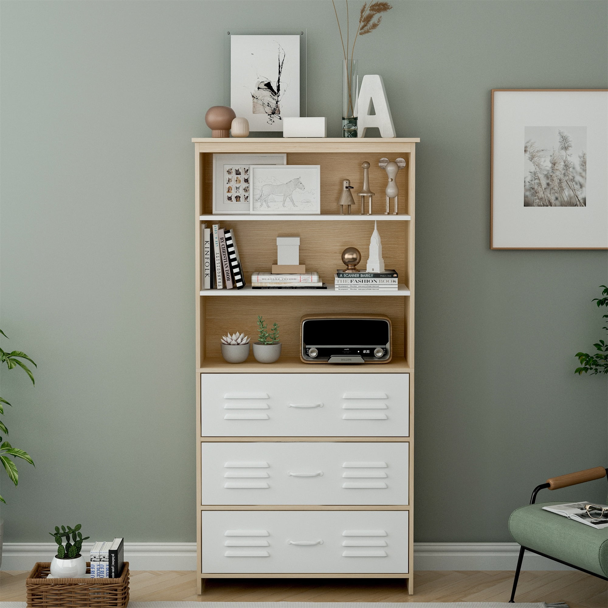 Spaco 6-Shelf Moline Standard Storage Cabinet Bookcase, White Bookshelf with 3 Drawers Spaco 6-Shelf Moline Standard Storage Cabinet Bookcase, White Bookshelf with 3 Drawers