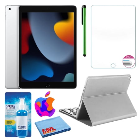 Used Apple 10.2" iPad (2021, 256GB, Wi-Fi + Cellular, Silver) (MK6A3LL/A) Bundle with Silver Keyboard Case & Screen Protector