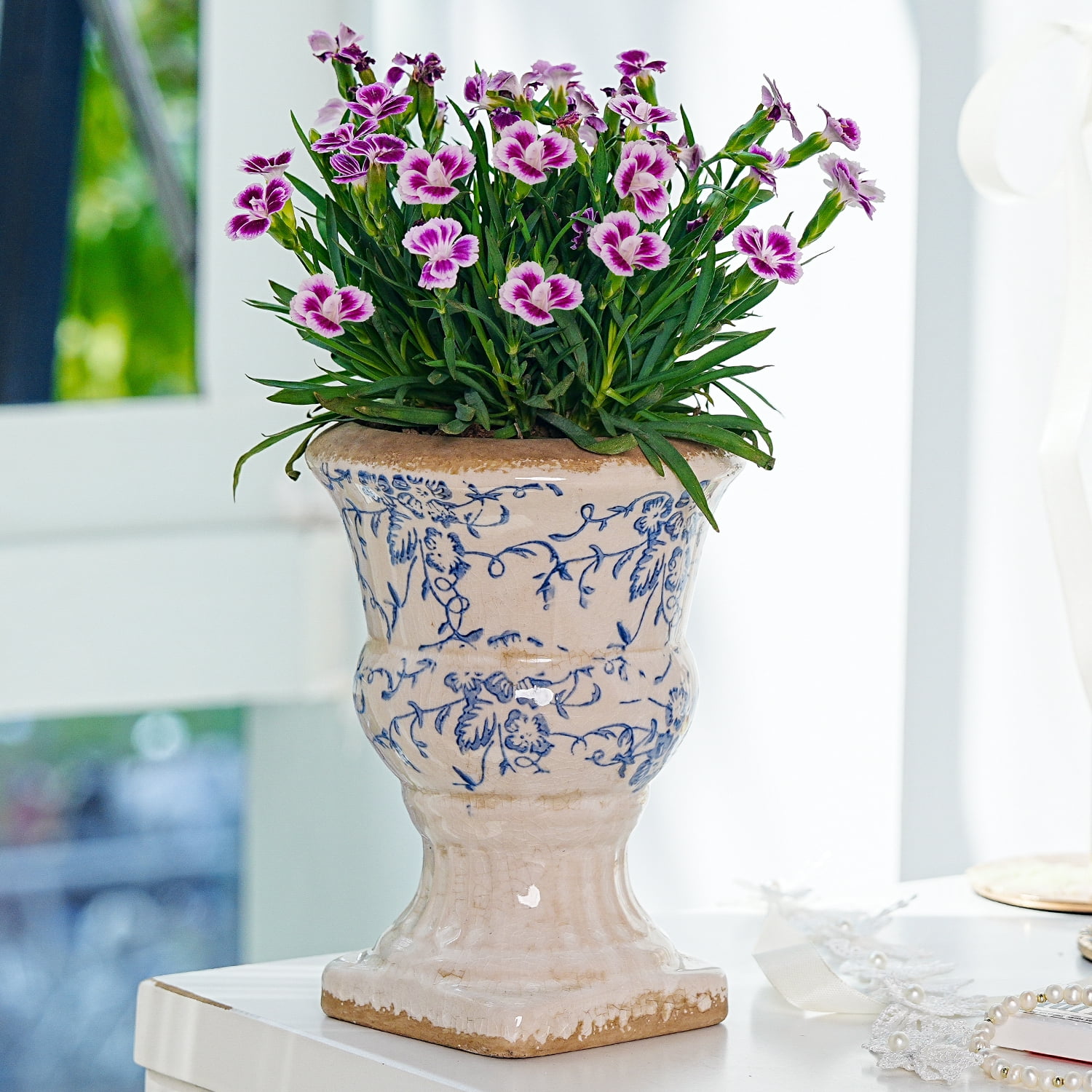 Sungmor Small Ceramic Urn Planter - Blue and White Floral Pedestal Flower Pot, Decorative Vintage Chinoiserie Style Planters, Tuscan Accent Vase Indoor Outdoor Plant Holder with Drainage
