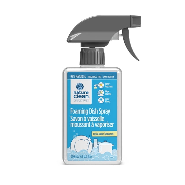 Bottle of Nature Clean 98% natural foaming dish spray with a grey trigger nozzle and blue label highlighting fragrance-free formula, usage steps, and grease-fighting properties.