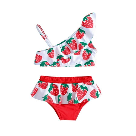 

Toddler Girl 2-Piece Swimsuit Spring Strawberry Print Cotton Sleeveless Beach Clothes Bathing Suit Size 12 Months-5 Years