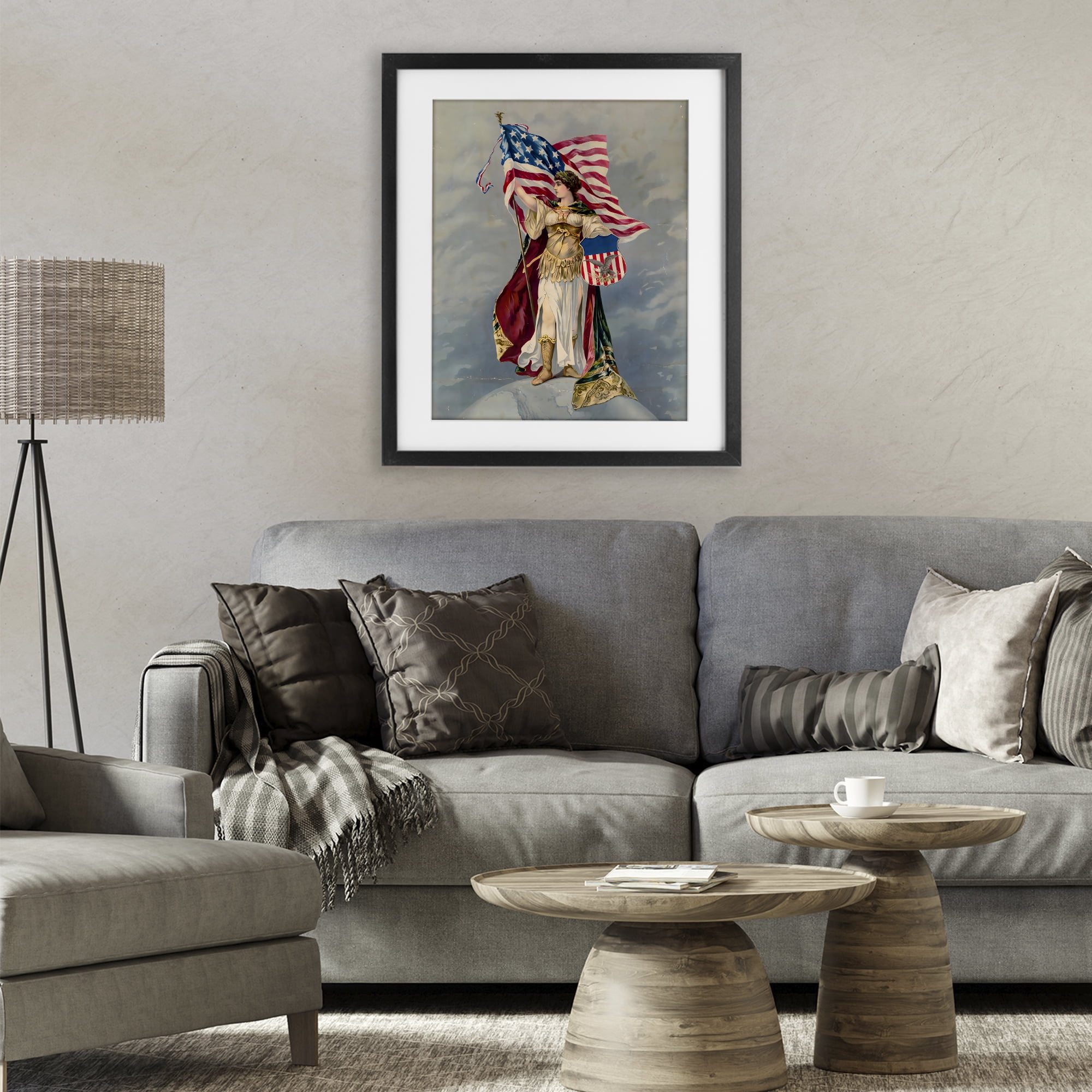 Stupell Industries Columbia Standing with American Flag Black Framed Print Under Glass, design by Arlington Prints