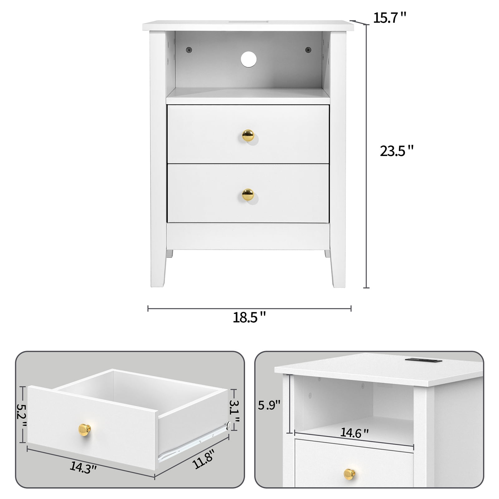 Dextrus Set of 2 Modern Nightstand with Charging Station, 18.5