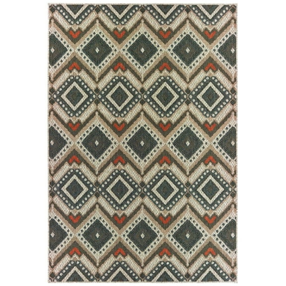 Oriental Weavers Latitude Indoor/Outdoor Rug - 002X3 - 5'3" x 7'3" - in Gray/ Orange - Tribal Influnced Style, Water, Stain and Fade Resistant, Hose Clean, Patio, Outdoor Living Area Rug