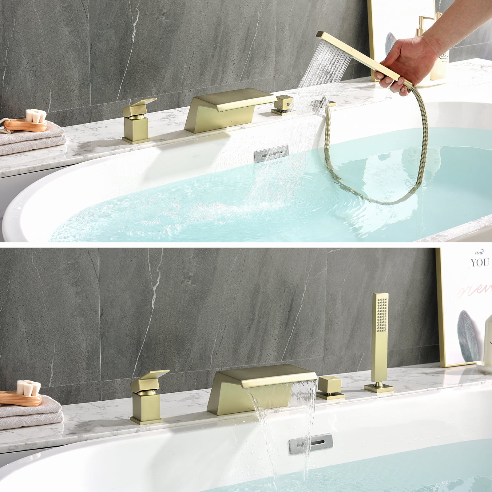 Cobbe Waterfall Bathroom Bathtub Faucet Set with 7.09-Inch Wide Tub Spout and Hand Shower Single Handle Control 4-Hole Mount Brushed Gold
