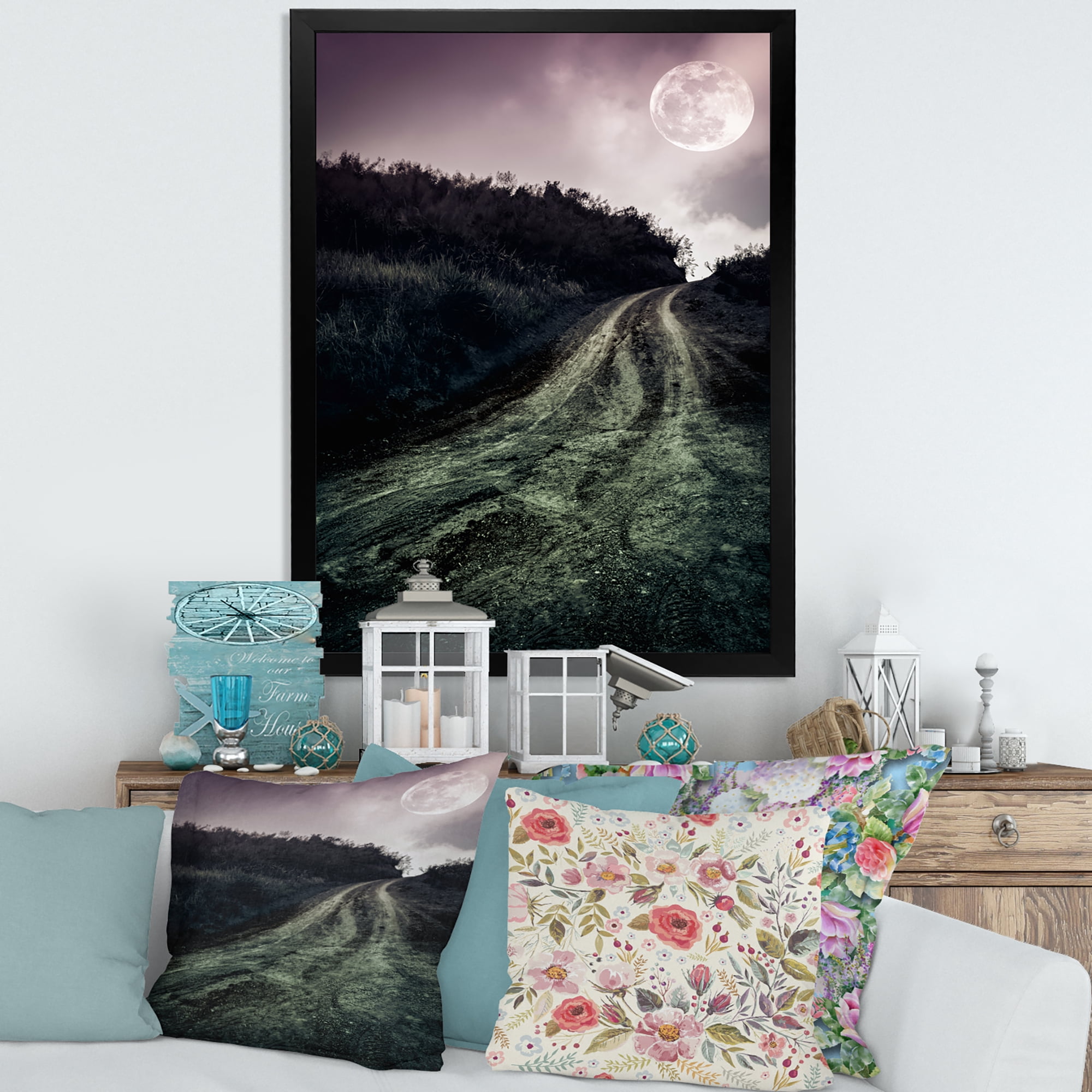 Designart 'Countryside Muddy Road Under Full Moon' Modern Framed Art Print