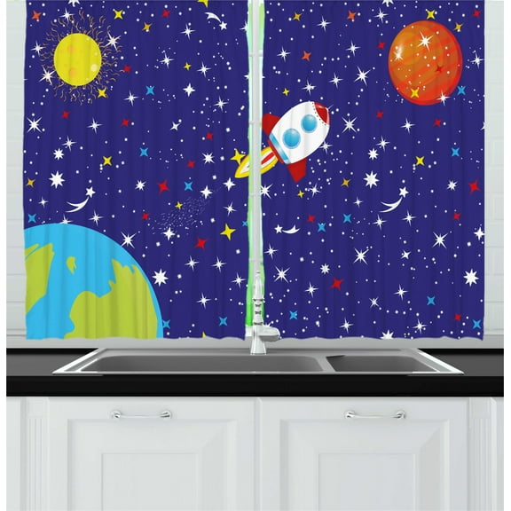 Outer Space Curtains 2 Panels Set, Starry Sky of the Universe with a Spaceship in Cosmic Planets and Earth, Window Drapes for Living Room Bedroom, 55"W X 39"L,Indigo Multicolor, by Ambesonne