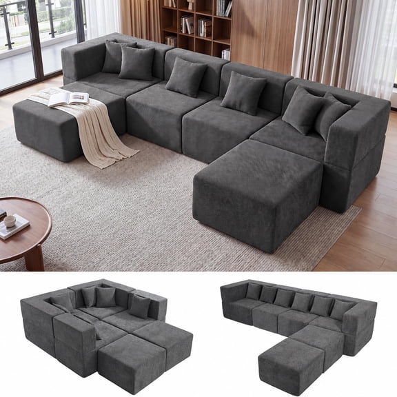 Sectional Couch, 6-Seat Oversized Chenille Modular U Shaped Boneless Sofa, Rearrangeable, No Assembly Required, Gray for Living Rooms