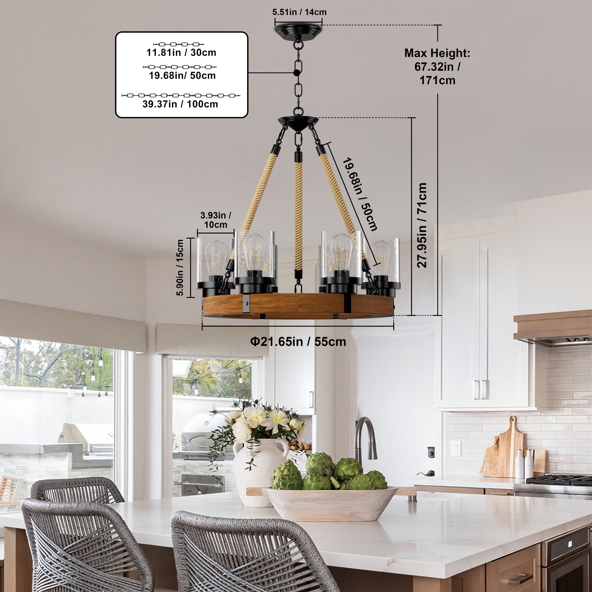 6-Light Wagon Wheel Chandelier with Seeded Glass – Rustic Farmhouse Wood Ceiling Light for Dining Room, Kitchen, Entryway