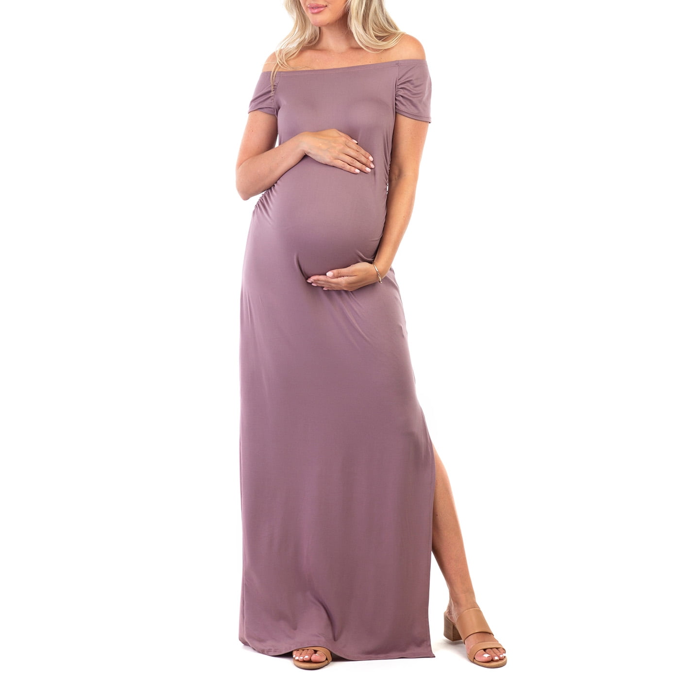 Mother Bee Maternity Short Sleeve Bodycon Maternity Dress with Ruched Side Slits for Baby Shower or Casual Wear