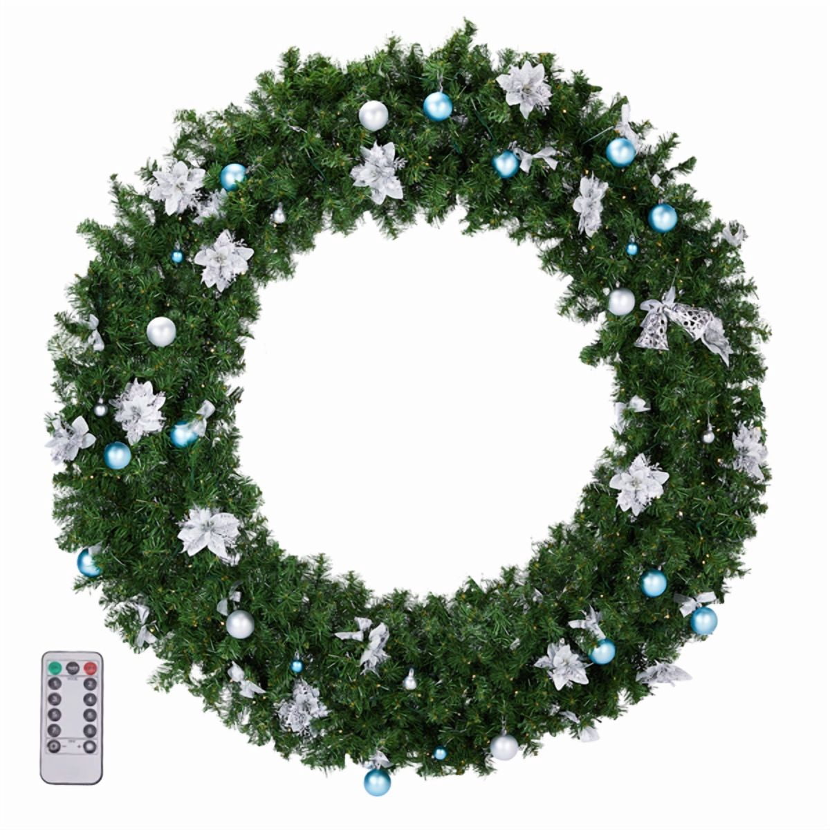 60in Lighted Artificial Christmas Wreath, 600 PVC Tips, 220 Warm/Cold White LEDs (11 Modes), DIY Ornaments for Front Door/Mantel/Gate