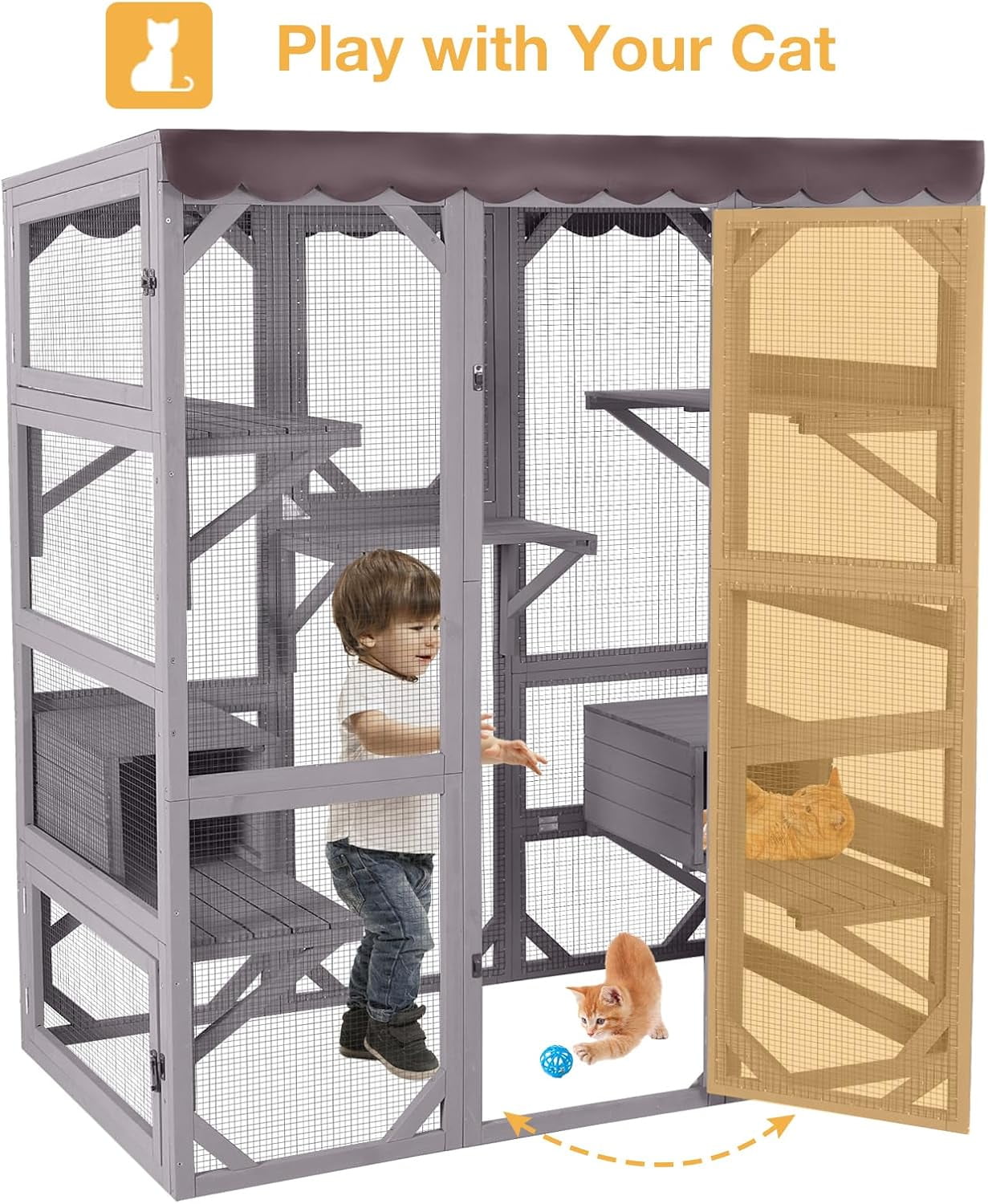 MEDEHOO Outdoor Catio Cat Enclosure, Walk-in Cat House with 7 Jumping Platforms & Weatherproof Asphalt Roof, Large Cat Cage with 2 Napping Houses, Gray 70"H