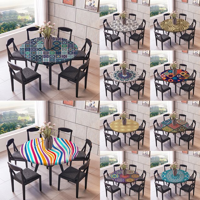 ziyahi Elastic Edged Waterproof Backed Fitted Table Cover Tablecloth round Tableclothes Style A 1.5m