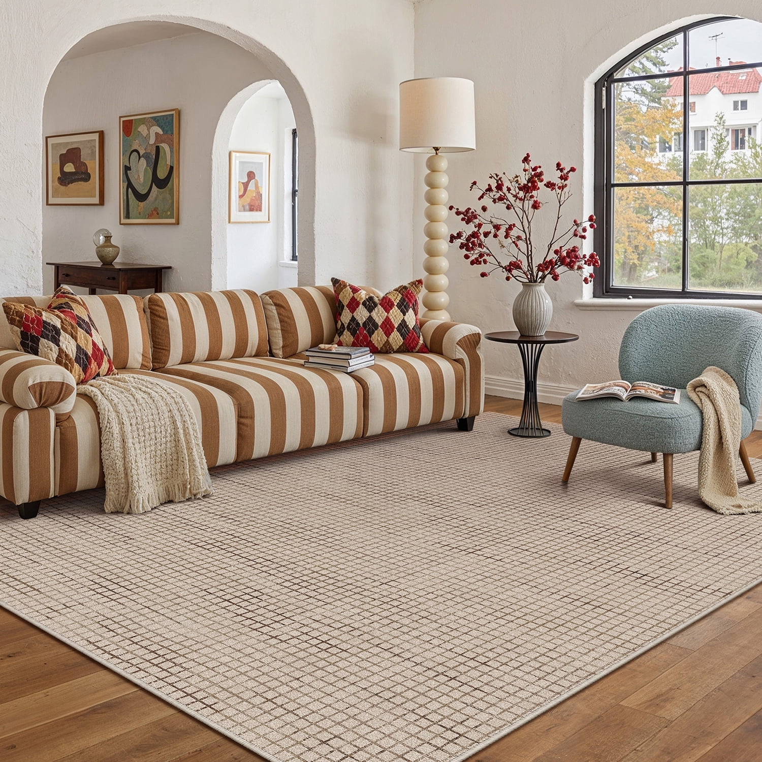 BERTHMEER 8'x10' Area Rugs for Living Room Dining Room Bedroom Farmhouse Office Large Geometric Checkered Modern Carpets Non Slip Machine Washable Rugs,Brown
