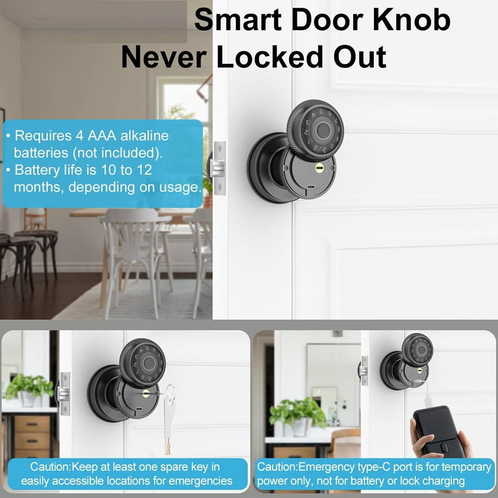 4-in-1 Smart Door Knob, Fingerprint Door with App Control, Smart Fingerprint Door Lock with Keypad, for Home,Office