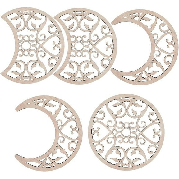 5Pcs Moon Decor Moon Phase Wall Decoration Hanging Wooden Boho Wall Art Decor Set Aesthetic with Stickers for Living Room Bedroom Spiritual Home Apartment Bar Office DIY Ornament Pink