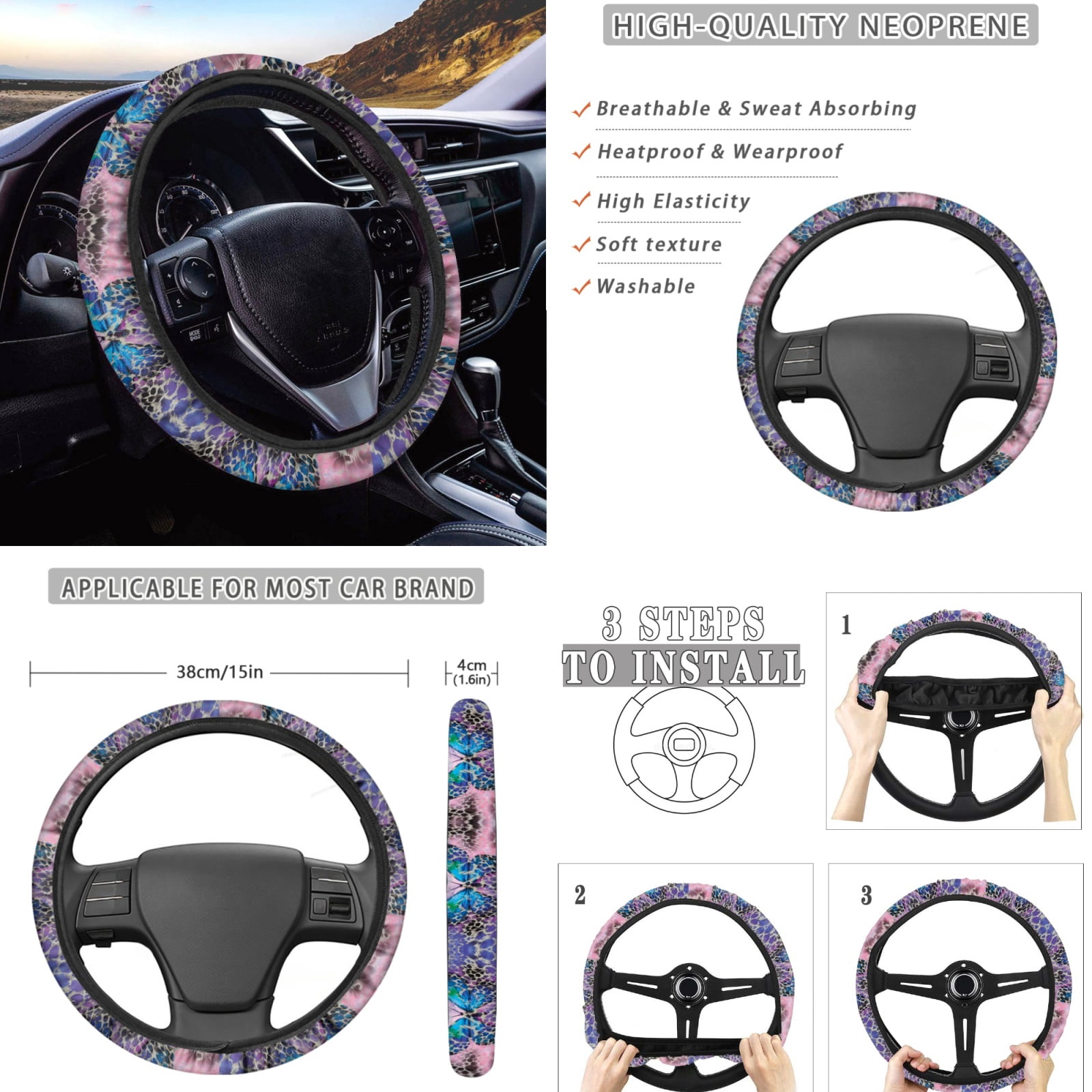 Renewold Blue Butterfly Leopard Print 11 PCS Car Seat Cover Set for Men Women, Breathable Front Rear Seat Protector with Steering Wheel Cover Seat Belt Cover Cup Holder Key Ring Car Accessories