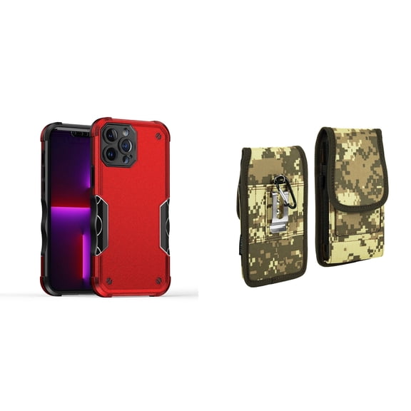 Case with Belt Holster Bundle for iPhone 14 Plus: Slim EX Hybrid Series Shockproof Case (Red) and Vertical Rugged Nylon Phone Pouch (Digital Camo)