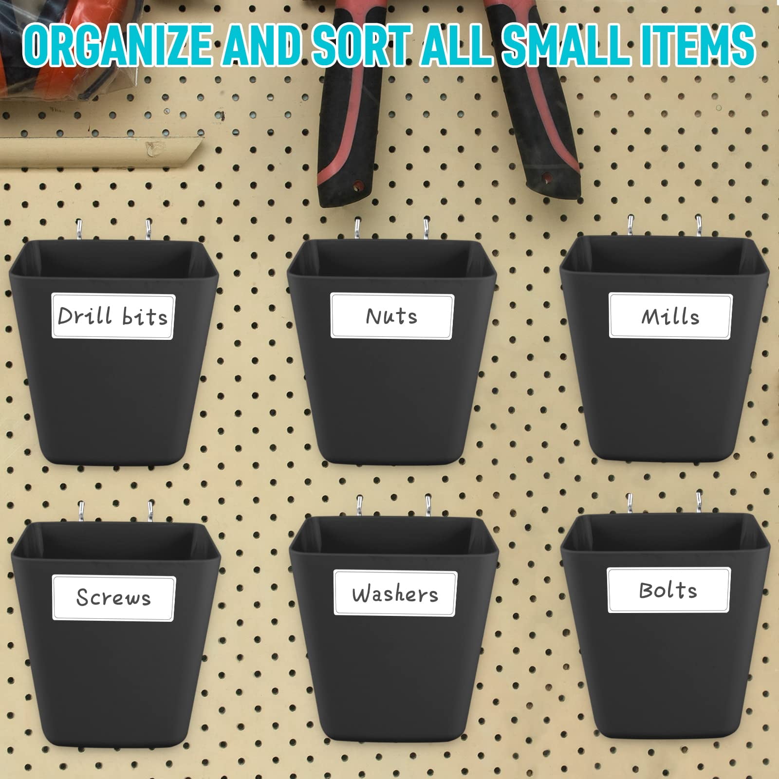 Large Pegboard Cups Peg Board Storage Bin 6 Pack With Hooks  Square Box Shape Cup Holder Accessories For Garage Workbench/craft Room/office/playroom/home Kitchen Organization (black)