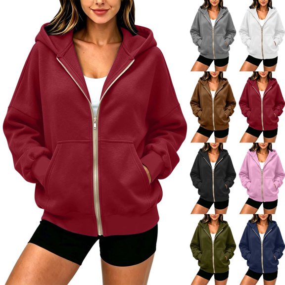 AnuYalue Women's Zip Up Hoodies Loose Fit Long Sleeve Sweatshirts Pockets Drawstring Track Jackets Trendy Hoodie