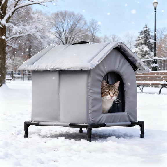Outdoor Cat House with Insulated Liner,Outdoor Cat Feeding Satation,Weatherproof Clawsable Cat Houses for Stray Cats,Warm Elevated Feral Cat Shelter for Winter,Pet Bed Cave Outside (Grey)